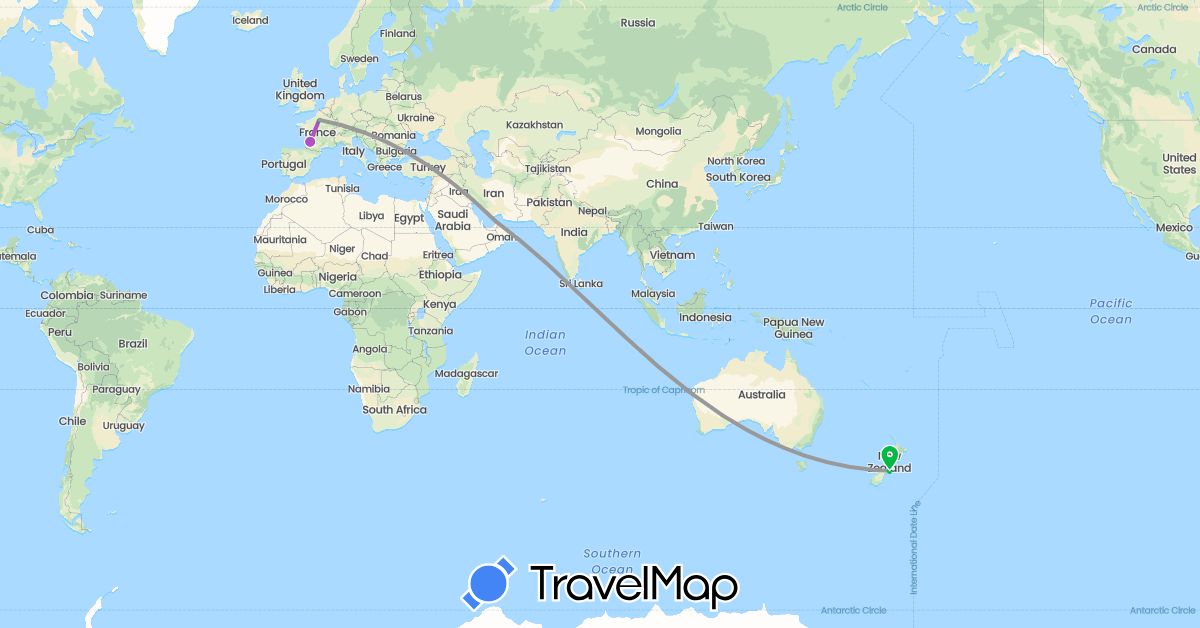 TravelMap itinerary: bus, plane, train in United Arab Emirates, France, New Zealand (Asia, Europe, Oceania)